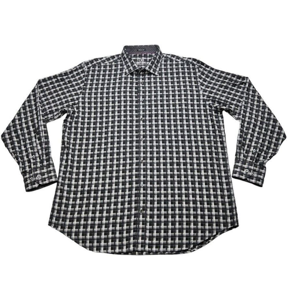 Bugatchi Uomo Shirt Mens Large Black White Check Plaid Shaped Fit‎ Button Up